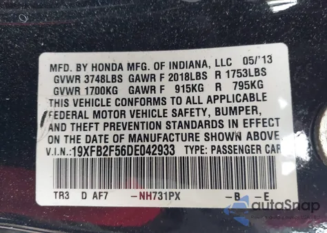 2013 Honda Civic Lx z USA, uszkodzony, nr VIN 19XFB2F56DE042933